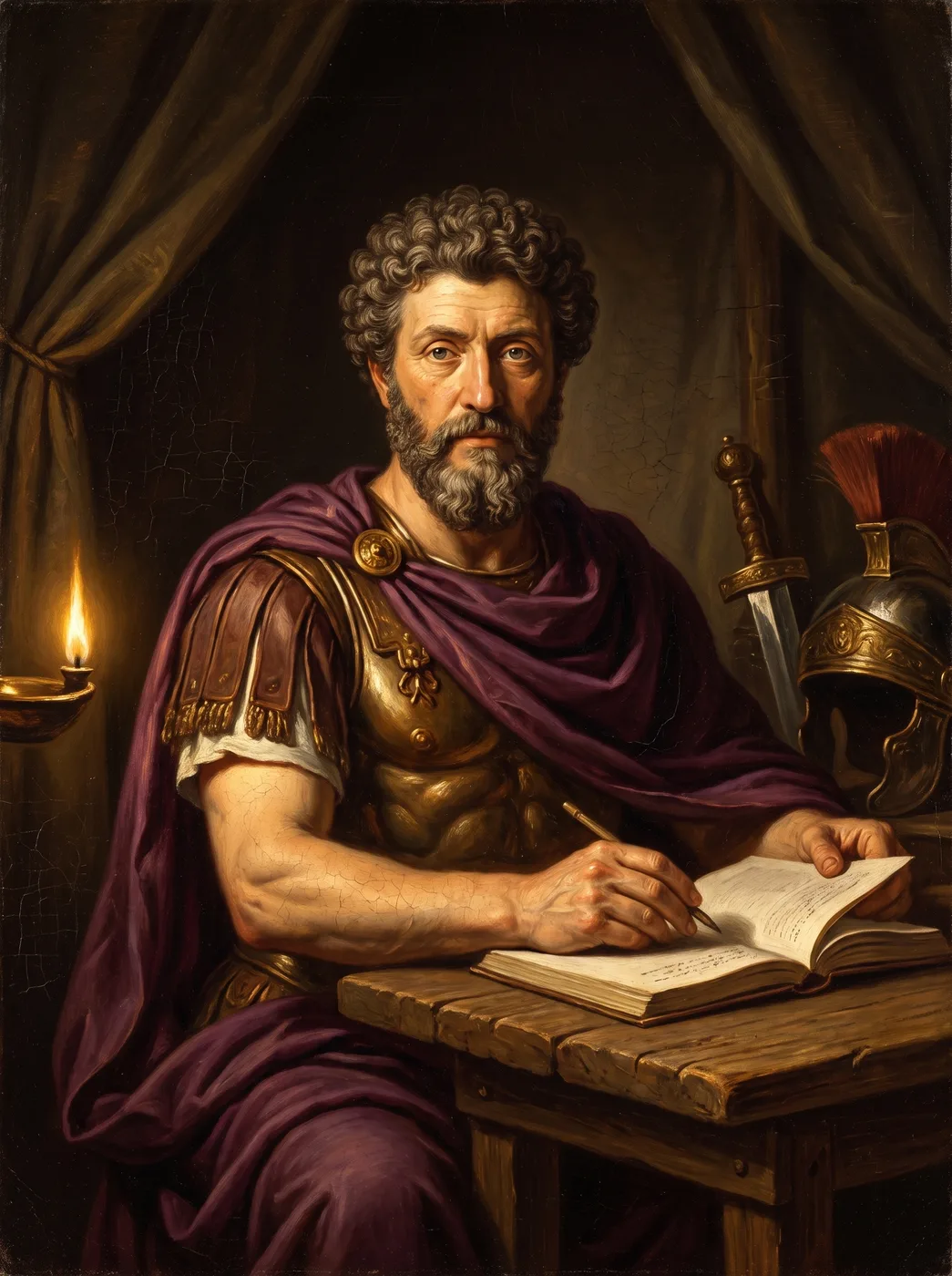 Óleo de Marco Aurelio escribiendo de noche en su tienda de campaña