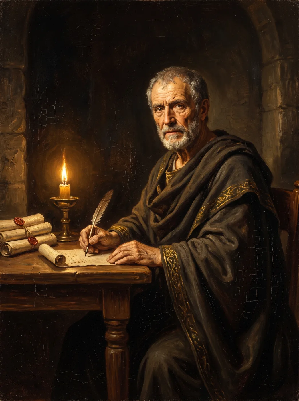 Óleo de Séneca escribiendo sus cartas a la luz de una lámpara