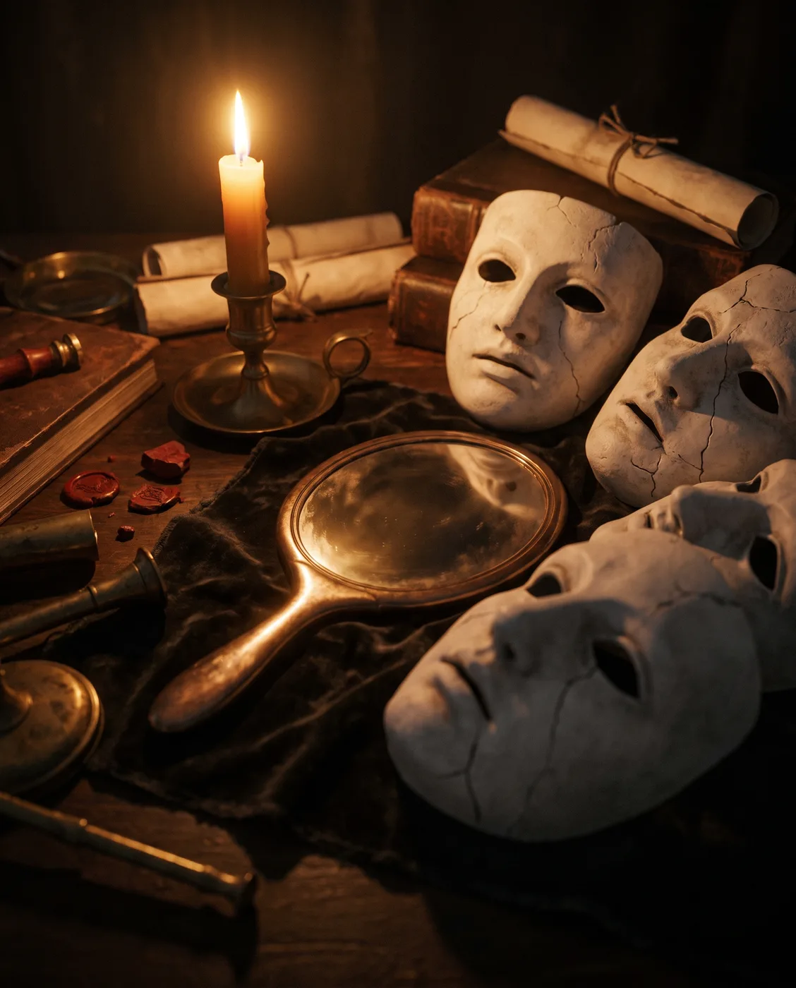 Máscaras de teatro que rodean un espejo de bronce