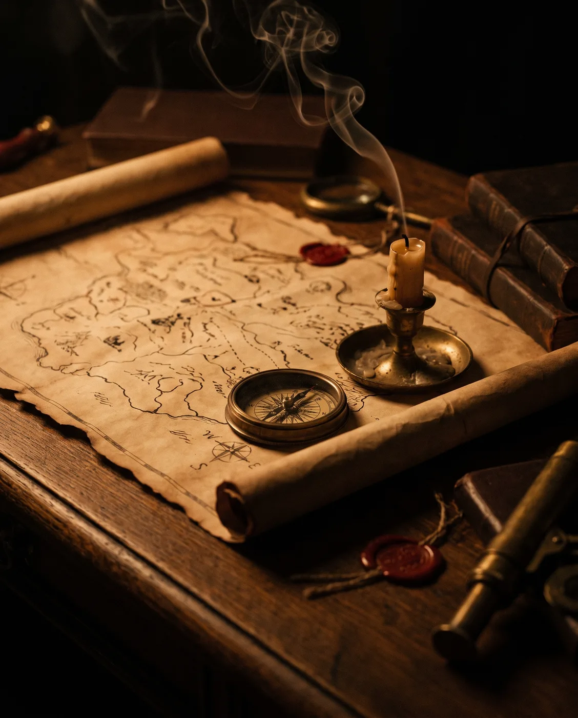 Un mapa antiguo que se pierde en la oscuridad y una brújula